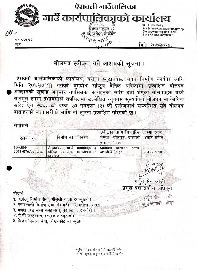 बोलपत्र स्वीकृत गर्ने आशयको सुचना ।