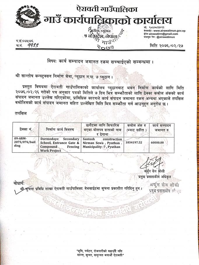कार्य सम्पादन जमानत रकम सच्चाईएको सम्बन्धमा ।